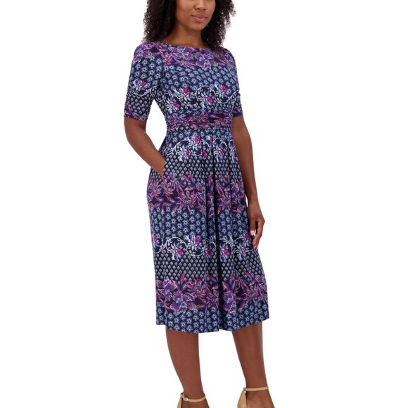 Jessica Howard Women’s Printed Ruched-Sleeve Midi Dress – NWT – Size 16 - Picture 3 of 4
